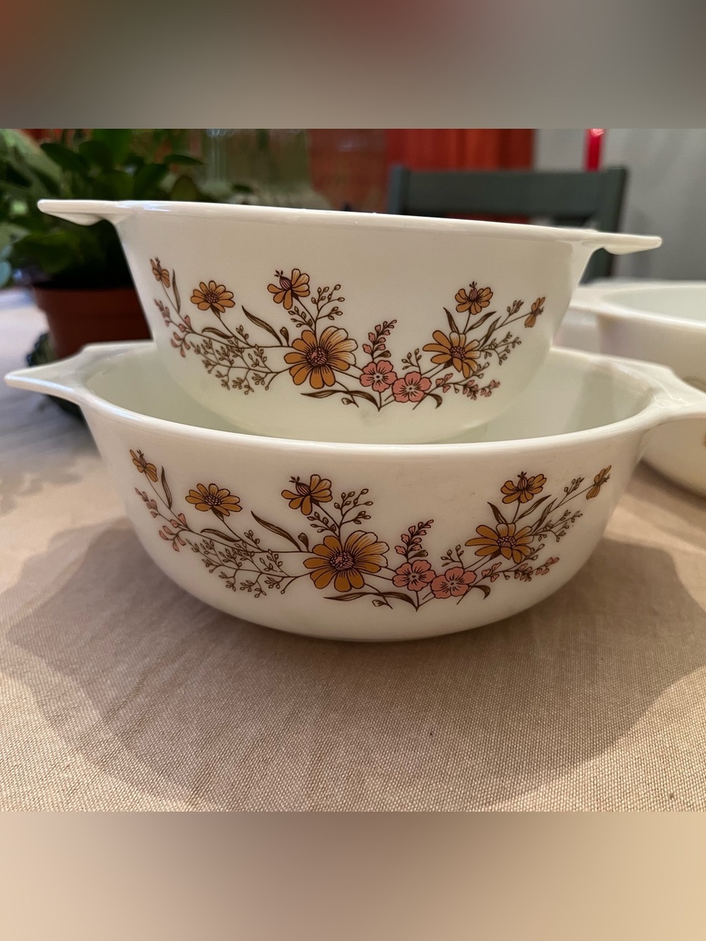 Vintage Floral Milk Glass Mixing Bowls - Yellow & Pink Flower Pattern